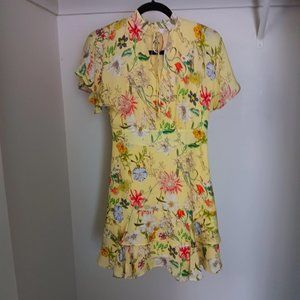 Parker floral yellow silk short sleeve mini dress